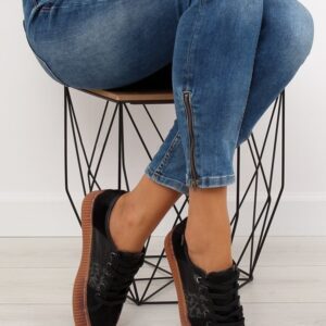 Czarne trampki Obuwie Damskie na platformie sznurowane